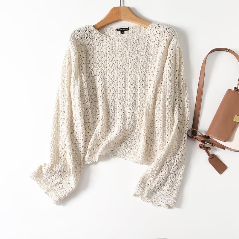 西班牙D!法式度假风编织缕空钩花宽松圆领长袖套头针织衫上衣女