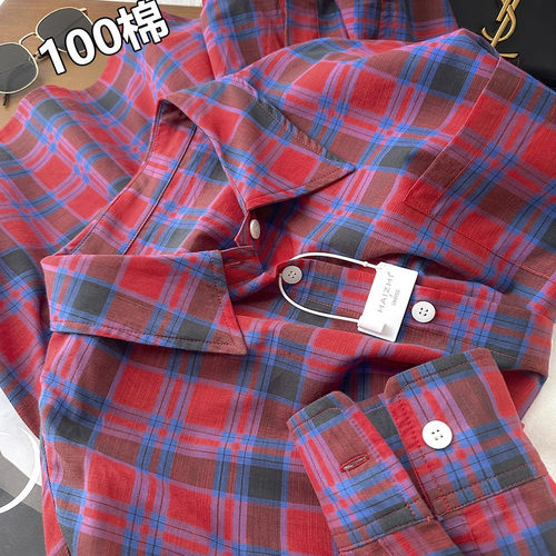 100棉~row风！宽松慵懒男友风色织格竹节纹全棉长袖宽松格纹衬衫