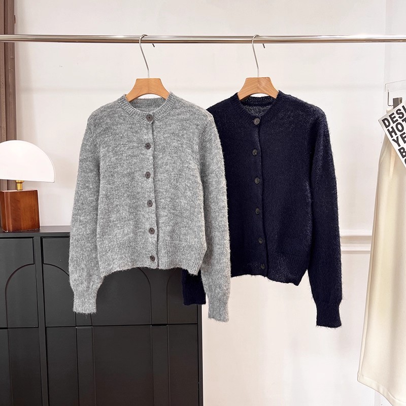 北欧C！木巨1250+知识分子风拉绒长绒羊毛圆领针织开衫毛衣女秋冬