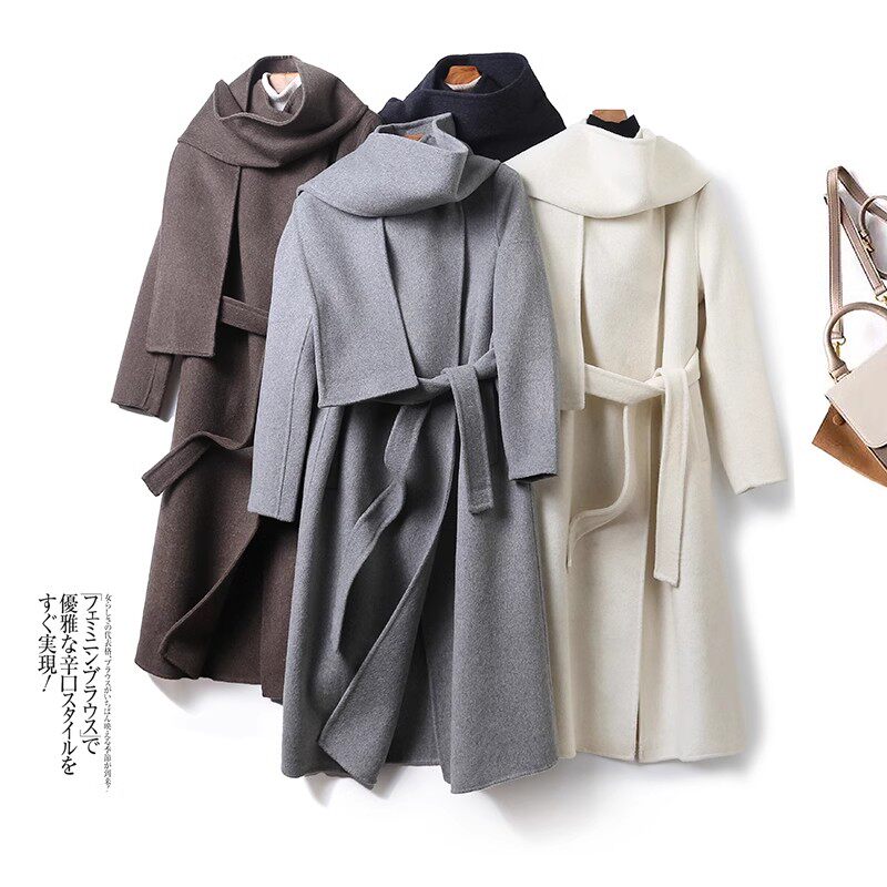 篙品质！美拉德系法式高街围巾领帅气羊毛呢大衣中长呢子外套女冬