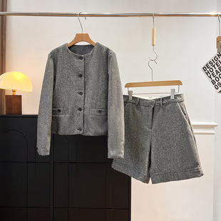 套装 轻奢糕端 短裤 复古老钱风羊毛混纺花呢夹克外套 女 木巨5500