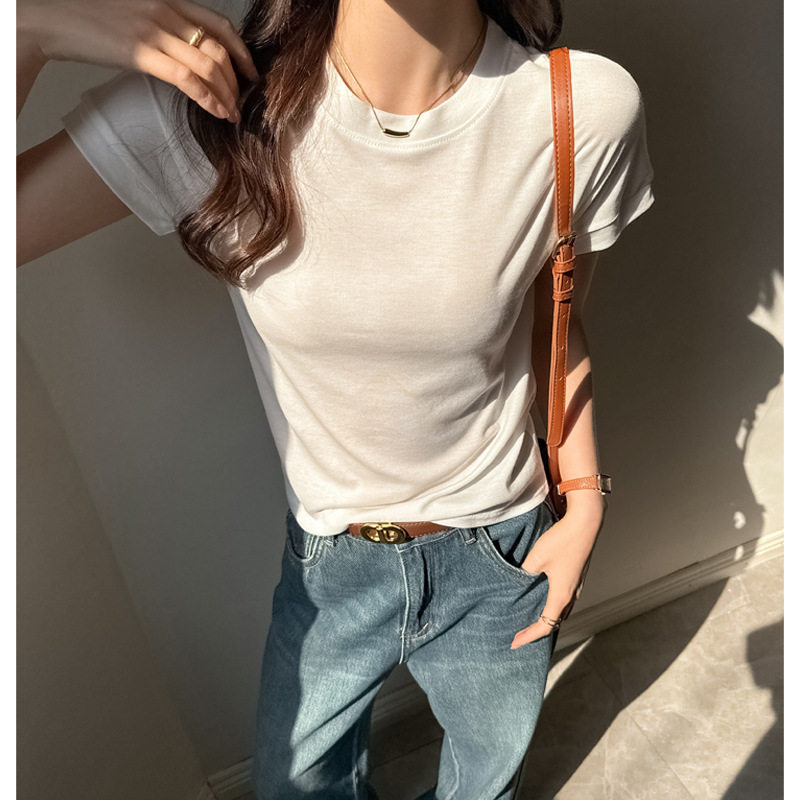 早八女孩 柔软天丝莱赛尔夏季小圆领正肩短袖t恤女修身百搭上衣