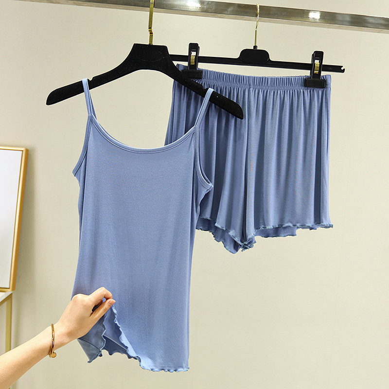 春夏莫代尔两件套吊带女荷叶边内搭舒适睡衣套装宽松居家背心短裤,女装/女士精品,背心吊带,淘宝优惠券,粉丝福利购,淘宝优惠卷