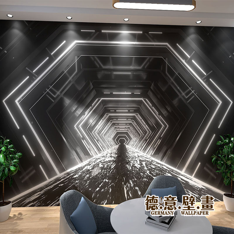 3d立体视觉延伸空间墙纸办公室前台网红直播间隧道背景工业风壁纸