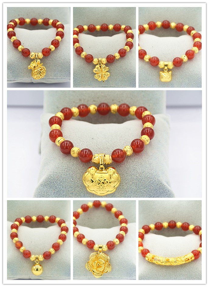 包邮欧币金久不掉色天然红玛瑙女时尚平安锁福袋kt手链转运珠礼物