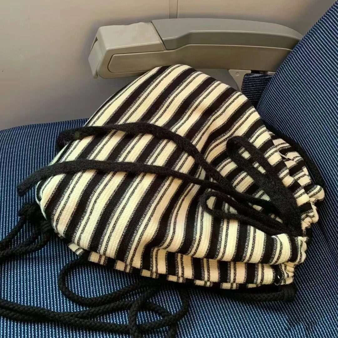 休闲黑白条纹帆布双肩包包女简约设计织带大容量背包学生上课书包