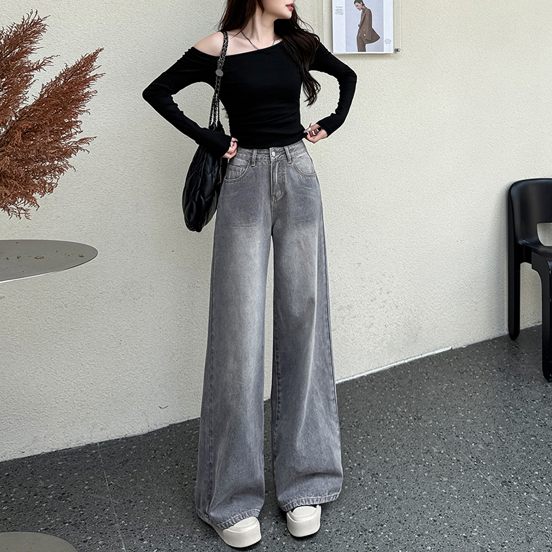 直筒阔腿牛仔裤女灰色无弹力小个子2025秋季高腰宽松新款浅色九分