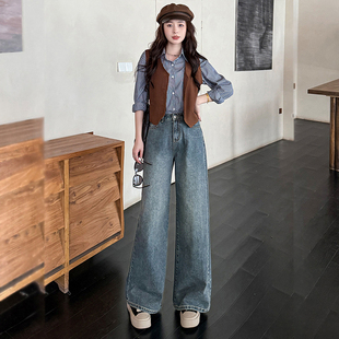 复古阔腿牛仔裤女无弹力直筒秋冬高腰宽松小个子九分深蓝色25新款