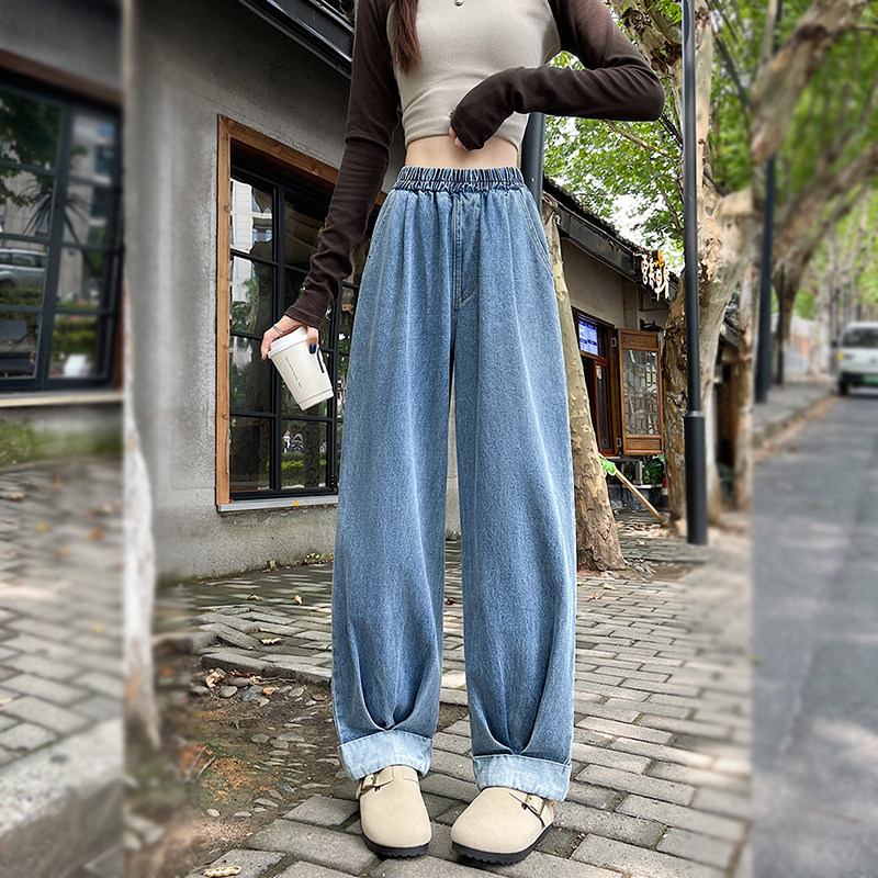 松紧腰阔腿牛仔裤女无弹力大码胖mm弯刀卷边哈伦春夏浅蓝小个子