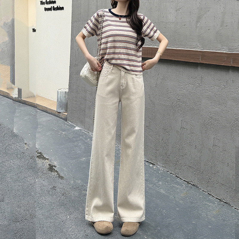 卡其色微喇牛仔裤女无弹力直筒阔腿宽松高腰小个子九分2026春夏新