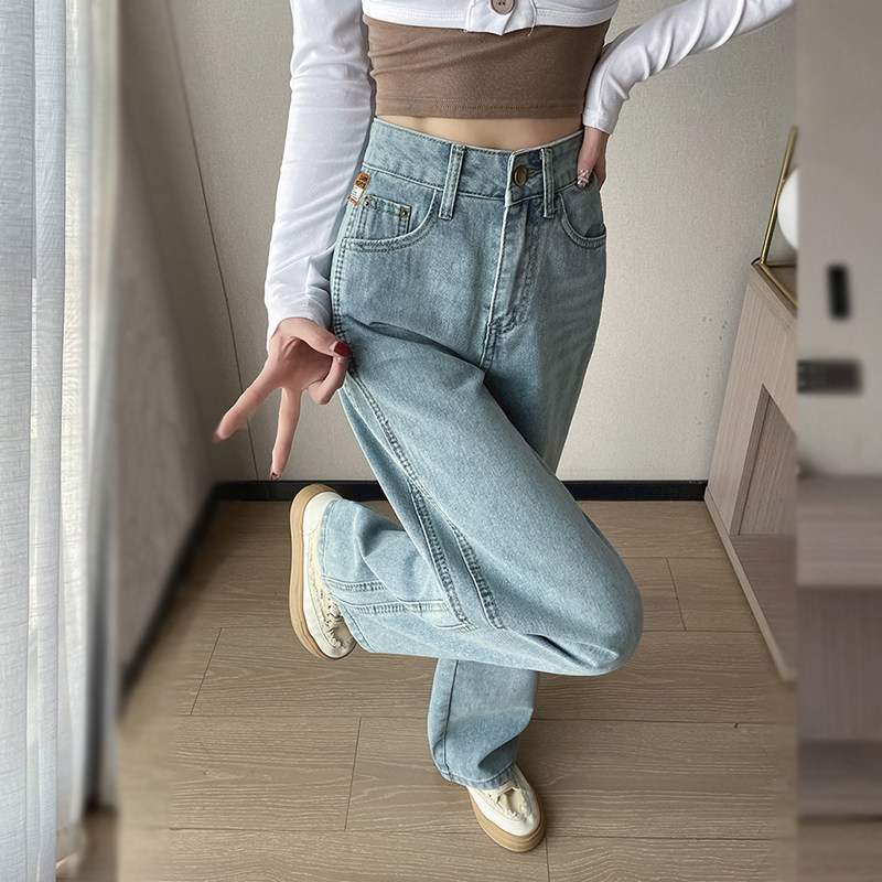 浅色直筒牛仔裤女无弹力小个子九分26春窄版阔腿高腰宽松加长学生
