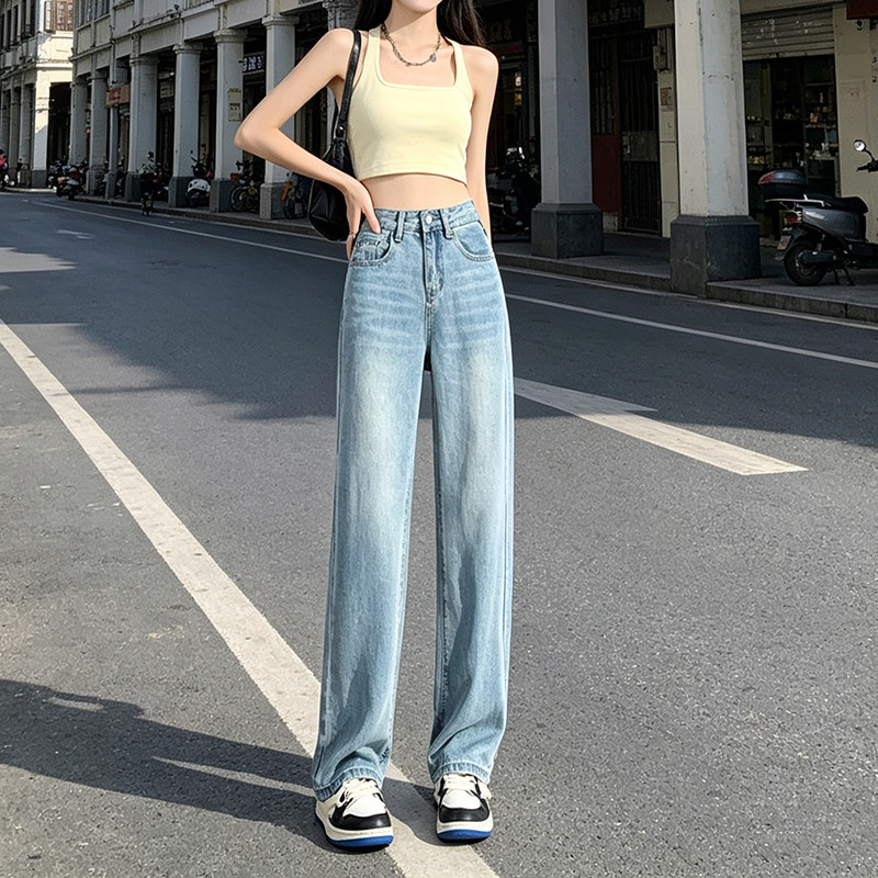 天丝直筒无弹力牛仔裤小个子阔腿