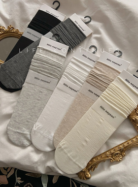 春夏薄款袜子女生中筒袜格雷系穿搭棉袜可爱少女百搭风灰色堆堆袜