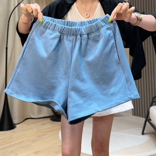休闲松紧腰阔腿短裤女2026夏天欧货时尚洋气彩色宽松圈棉三分卫裤