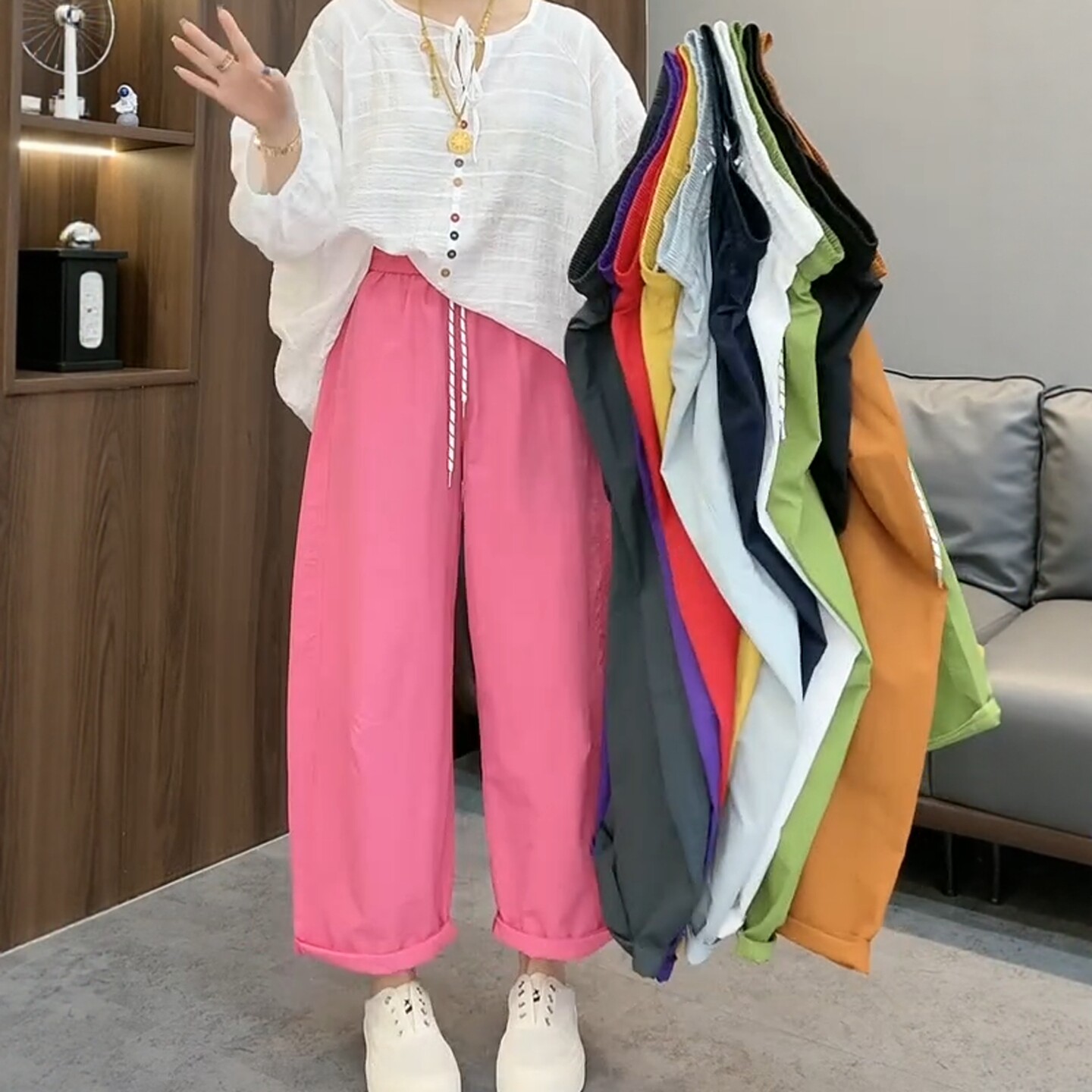 松紧腰抽绳休闲气球裤女2026年欧货夏天显瘦阔腿奶奶裤速干九分裤