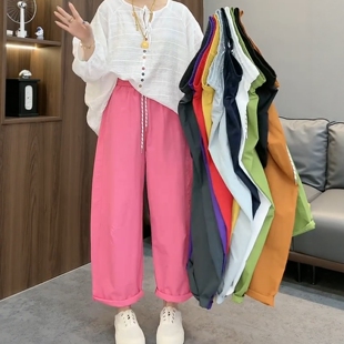 松紧腰抽绳休闲气球裤女2026年欧货夏天显瘦阔腿奶奶裤速干九分裤