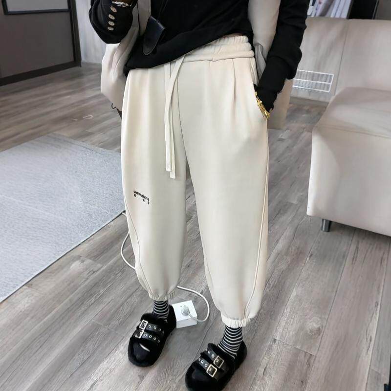 刺绣字母卫裤女2025年欧货秋冬加绒加厚九分灯笼裤休闲松紧束脚裤
