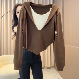假两件连帽针织衫毛衣女2026秋冬欧货设计感圆领套头帽衫显瘦上衣