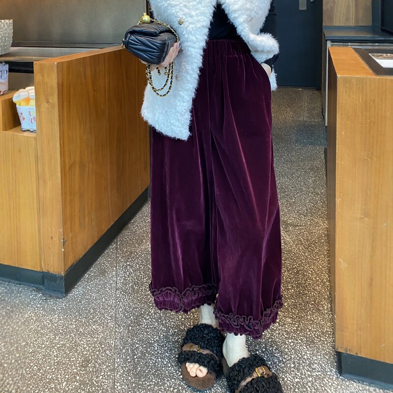 紫色丝绒九分裤子女2025年秋冬欧货新款拼接花苞休闲裤阔腿直筒裤