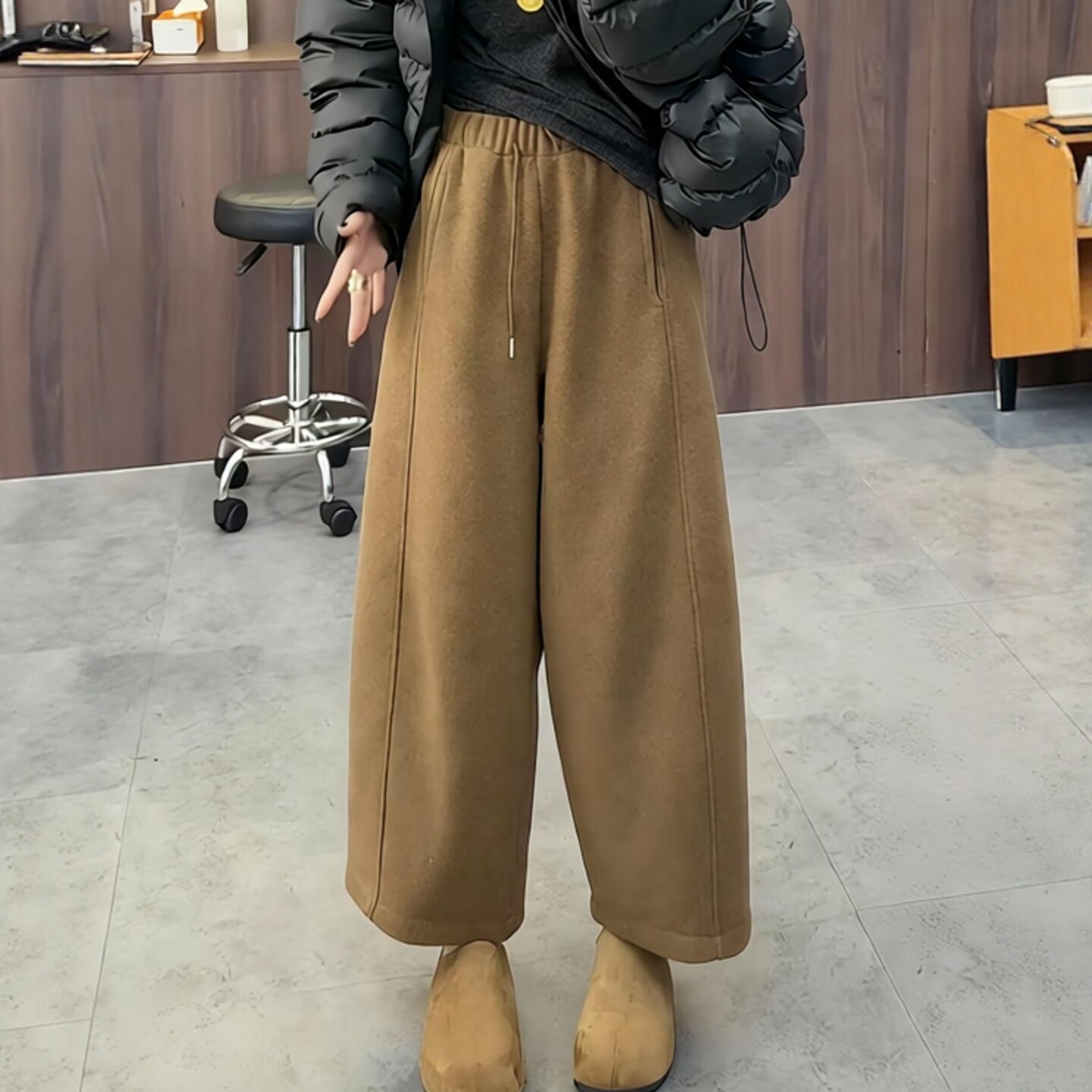 欧货秋冬加绒毛呢阔腿裤休闲裤