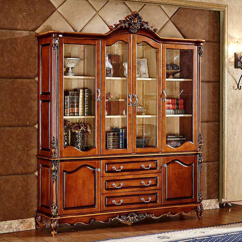 欧式四门书柜书房实木书橱美式复古柜子家用乡村收纳豪华书桌家具