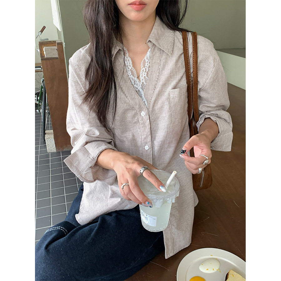 九点奶思 女装早秋氛围感穿搭韩版chic蕾丝拼接长袖衬衫甜美上衣