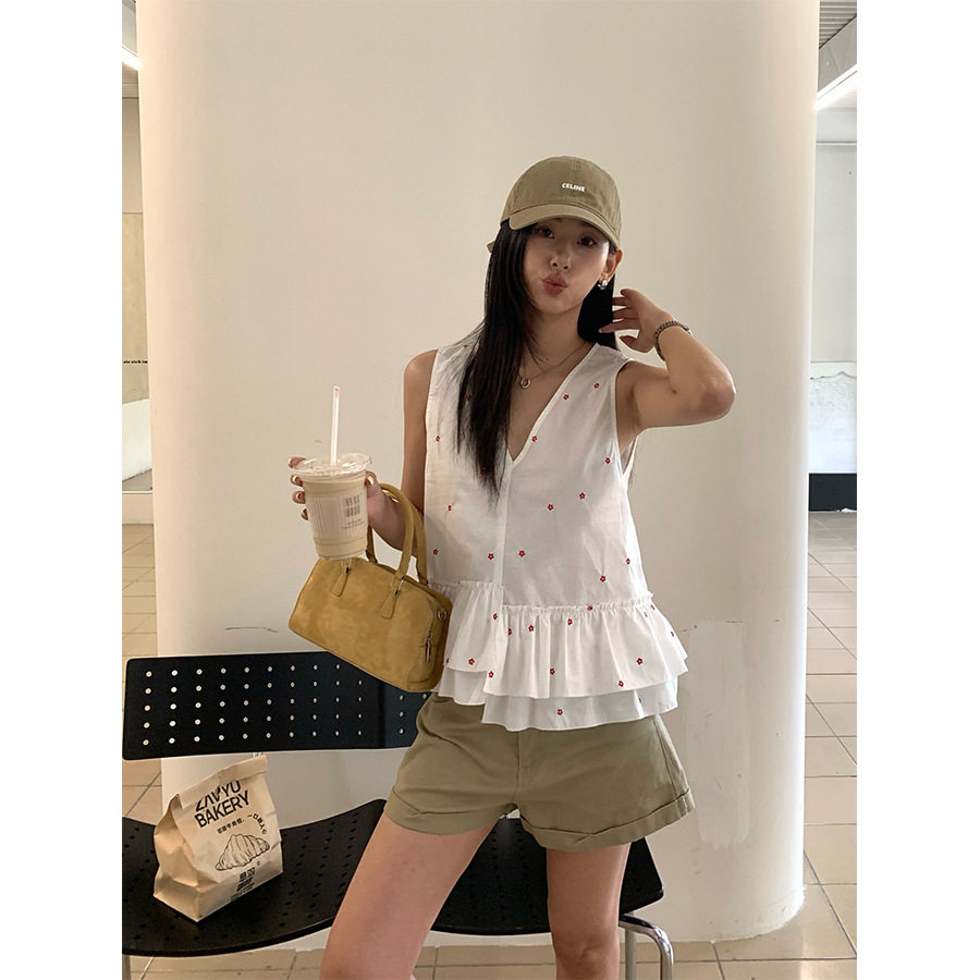 九点奶思 韩版荷叶边V领碎花女士无袖衬衫慵懒波点宽松背心小衫