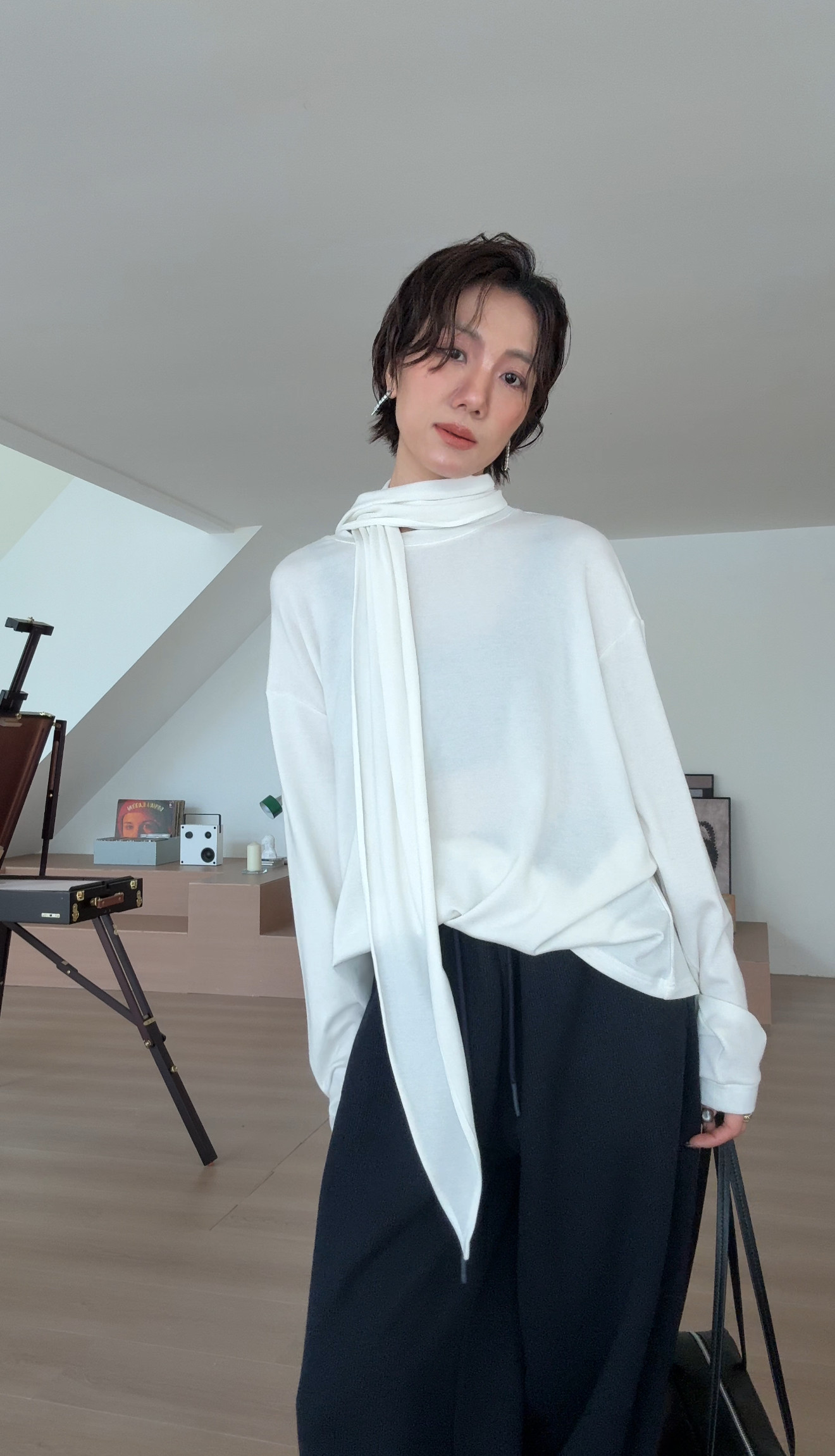 山阶【柔权主义】兰精天丝羊毛时髦上衣松弛围巾领宽松长袖T恤秋,女装/女士精品,T恤,淘宝优惠券,粉丝福利购,淘宝优惠卷