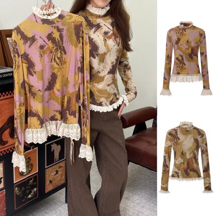 GARCONBYGARCON 官方授权 26AW 蕾丝拼接羽毛印花打底衫GC26AW053