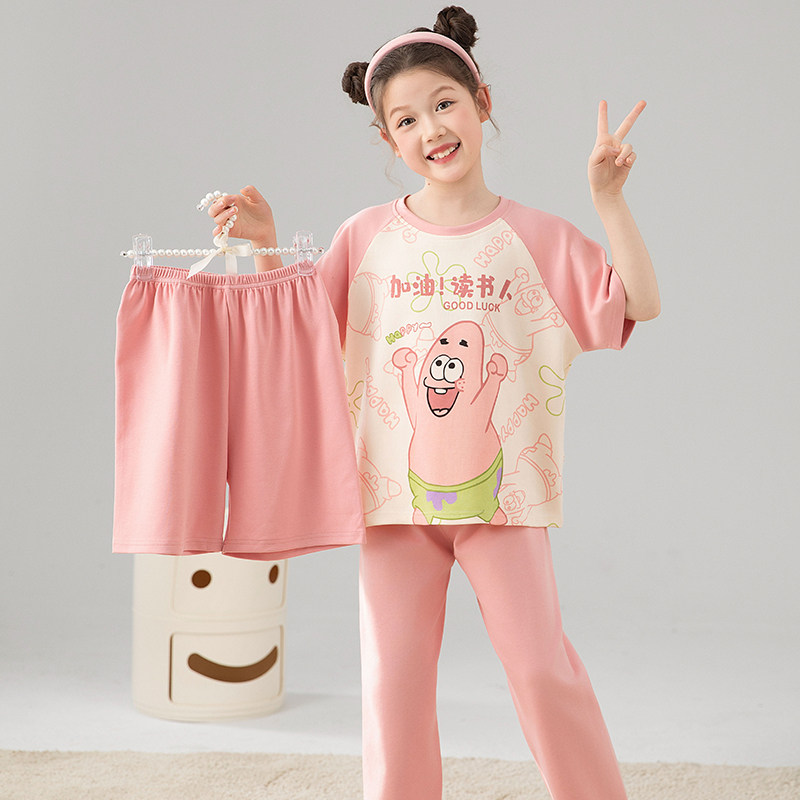 派大星睡衣女童三件套短袖长裤2026秋夏款高端纯棉小女孩空调套装
