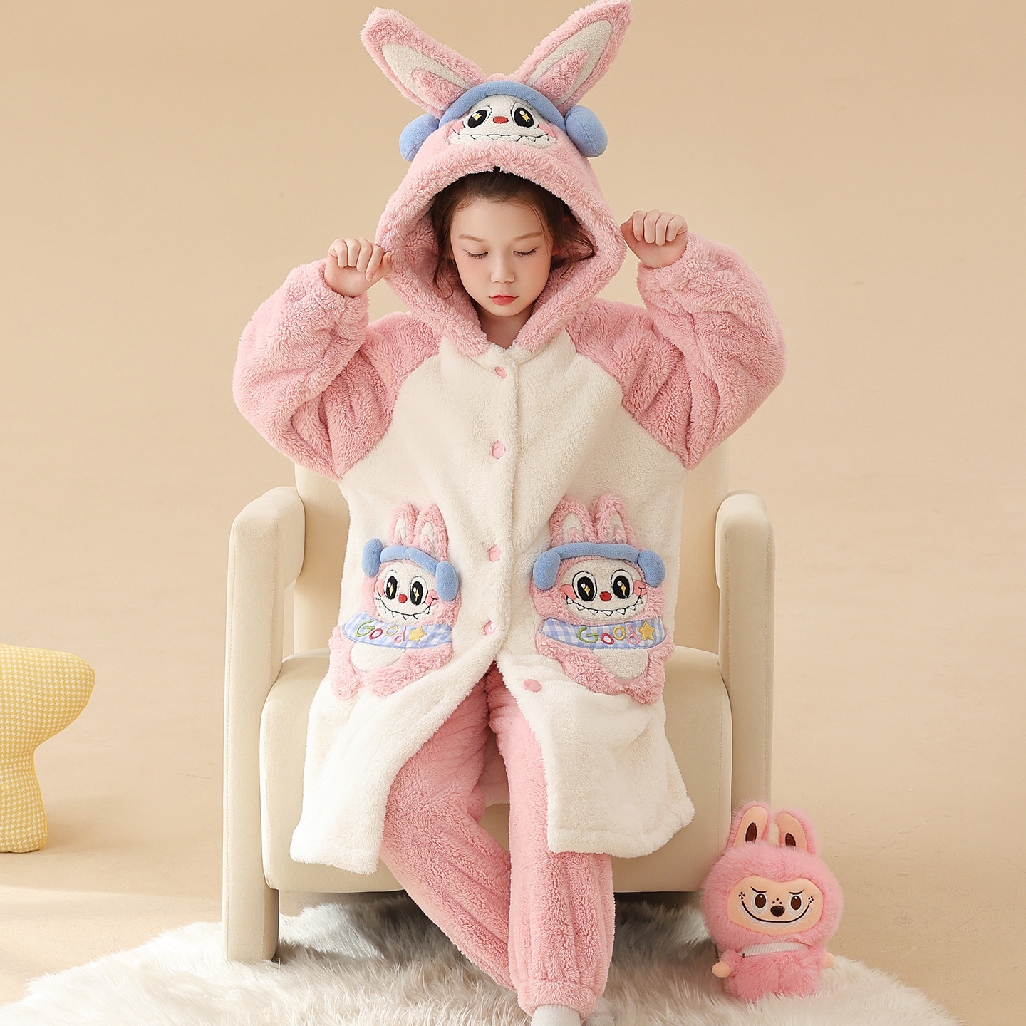 儿童睡袍高端毛绒可爱拉布布冬天小女孩宝宝保暖珊瑚绒家居袍套装