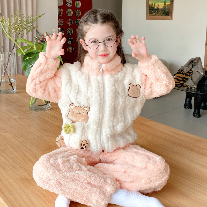 冬天儿童睡衣女孩可爱小熊保暖法兰绒女童宝宝高领毛绒拉链家居服,童装/婴儿装/亲子装,家居服套装,淘宝优惠券,粉丝福利购,淘宝优惠卷