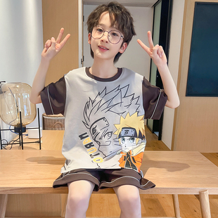 男童睡衣卡通火影忍者夏季短袖薄款高端纯棉小男孩空调家居服套装