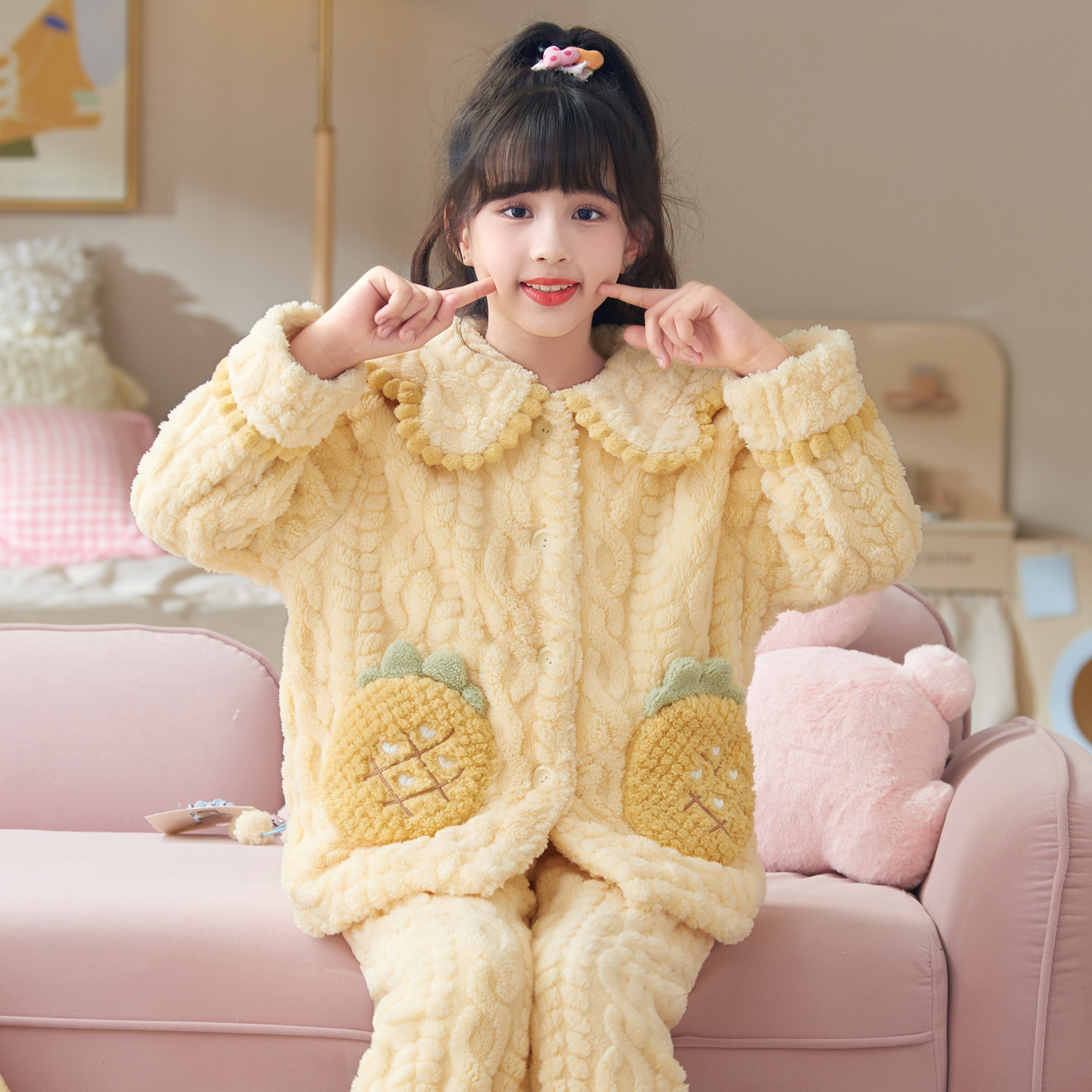 秋冬天女童睡衣可爱菠萝高端法兰绒保暖小女孩娃领毛绒家居服套装,童装/婴儿装/亲子装,家居服套装,淘宝优惠券,粉丝福利购,淘宝优惠卷