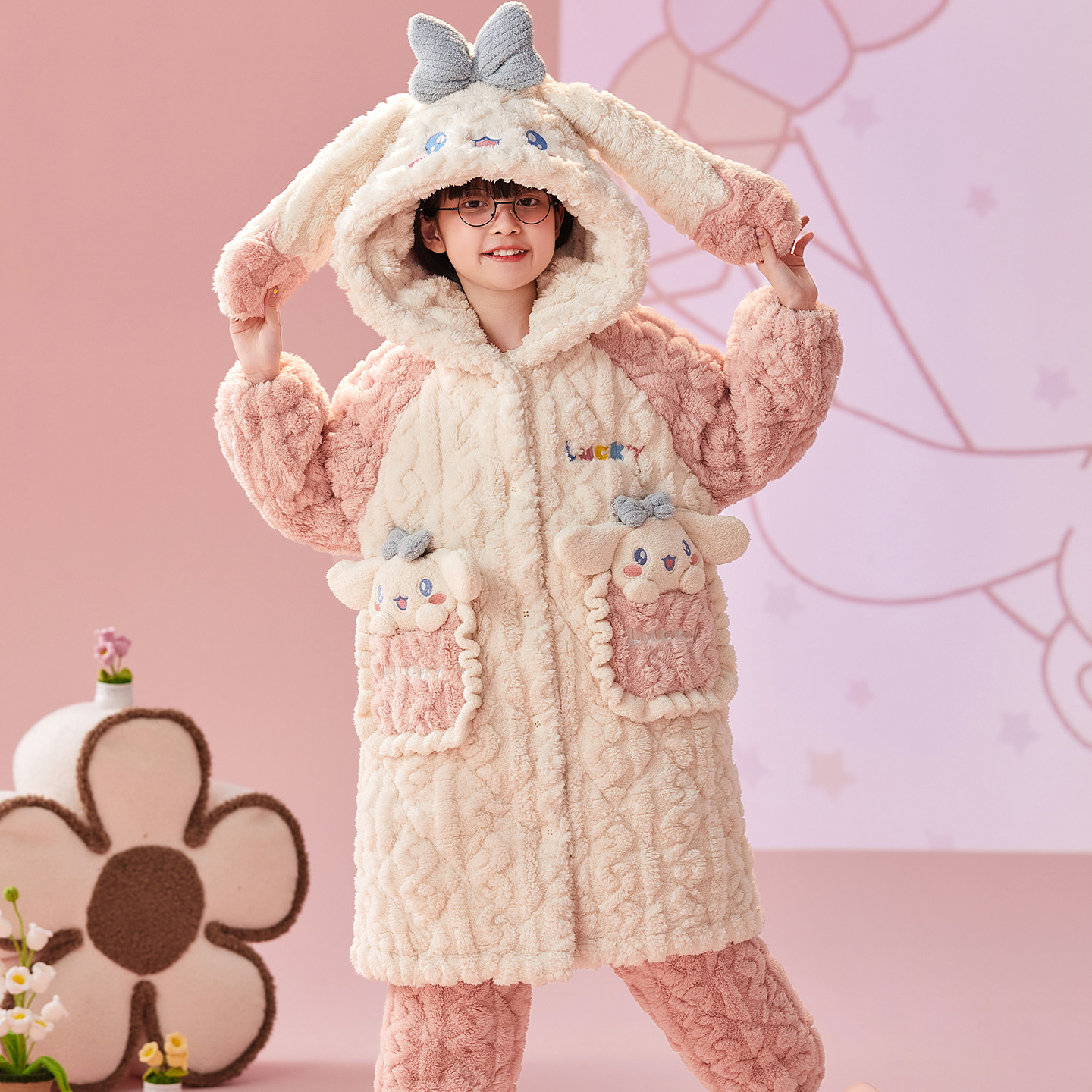 儿童睡衣可爱玉桂狗秋冬天保暖三层夹棉加绒加厚小女孩高端珊瑚绒