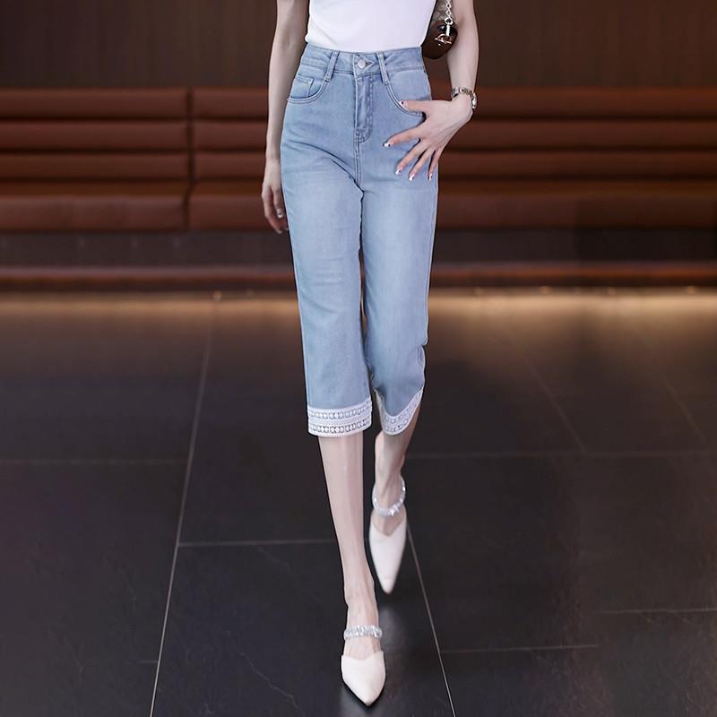 浅蓝色七分垂感牛仔裤女夏季薄款2025新款高腰显瘦窄版烟管直筒裤