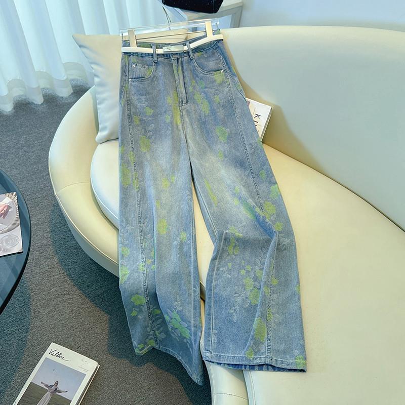 牛仔裤女夏薄款2025新款超好看的夏季阔腿印花设计感独特小众裤子