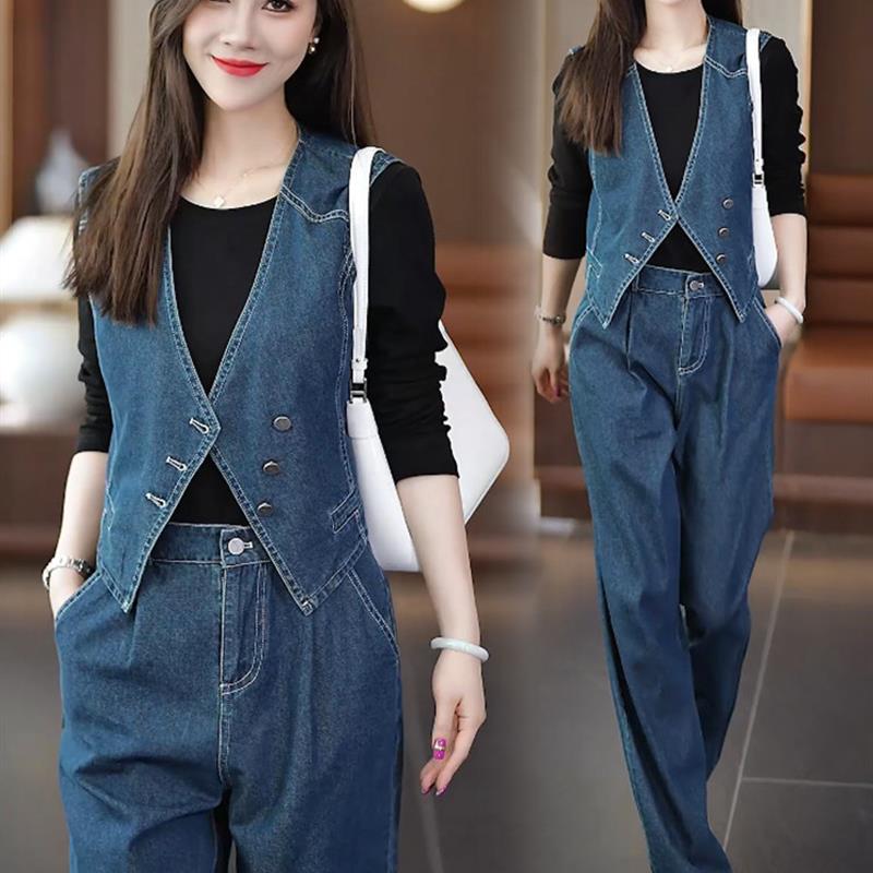 气质牛仔套装女2025秋季新款洋气显瘦马甲打底衫阔腿裤休闲三件套