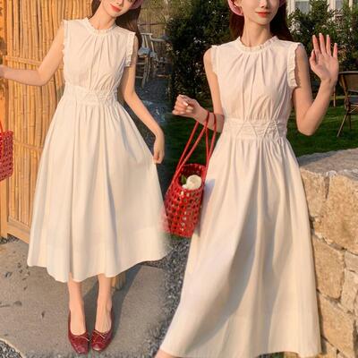 2025夏季法式高端气质木耳边圆领长裙白色甜美百搭收腰显瘦连衣裙