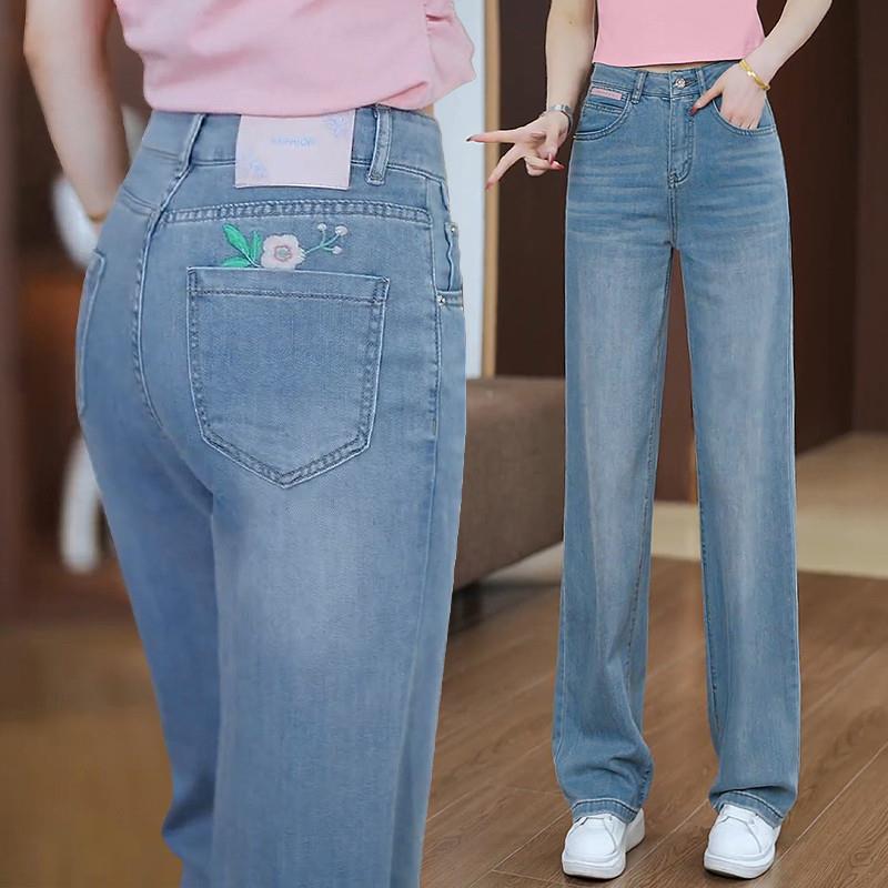 国风刺绣直筒牛仔裤女夏季薄款2025新款小个子高腰显瘦窄版阔腿裤