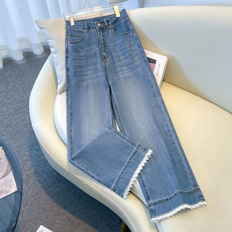 蕾丝拼接九分阔腿牛仔裤女2025年夏季薄款新款高腰显瘦花边直筒裤