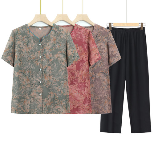 中老年人夏装女奶奶装夏季衬衫60岁70妈妈短袖套装老太太老人衣服