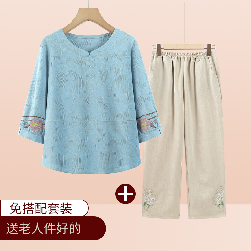 中老年人夏装棉麻衬衫女70岁奶奶套装绣花妈妈两件套老人太太衣服