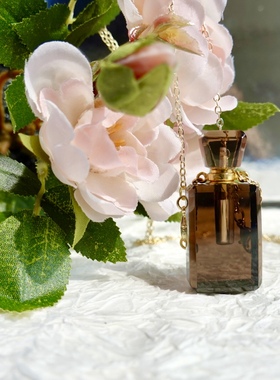 全新茶晶石女士香水瓶吊坠项链S925银镀金时尚简约项链吊坠饰品