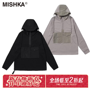 MISHKA秋季新款韩国系列宽松工装胸口多袋帽子抽绳连帽卫衣