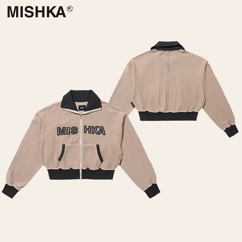 MISHKA大眼球美式复古拉链慵懒女士短款卫衣开衫外套摩卡慕斯