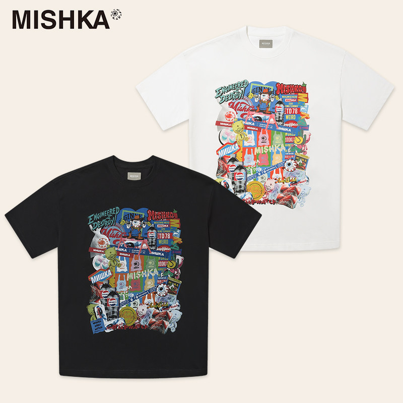 MISHKA艾热崔雨鑫同款美式街头复古高街潮牌涂鸦情侣圆领短袖T恤