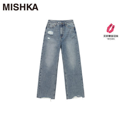 mishka直筒长裤中腰水洗磨破