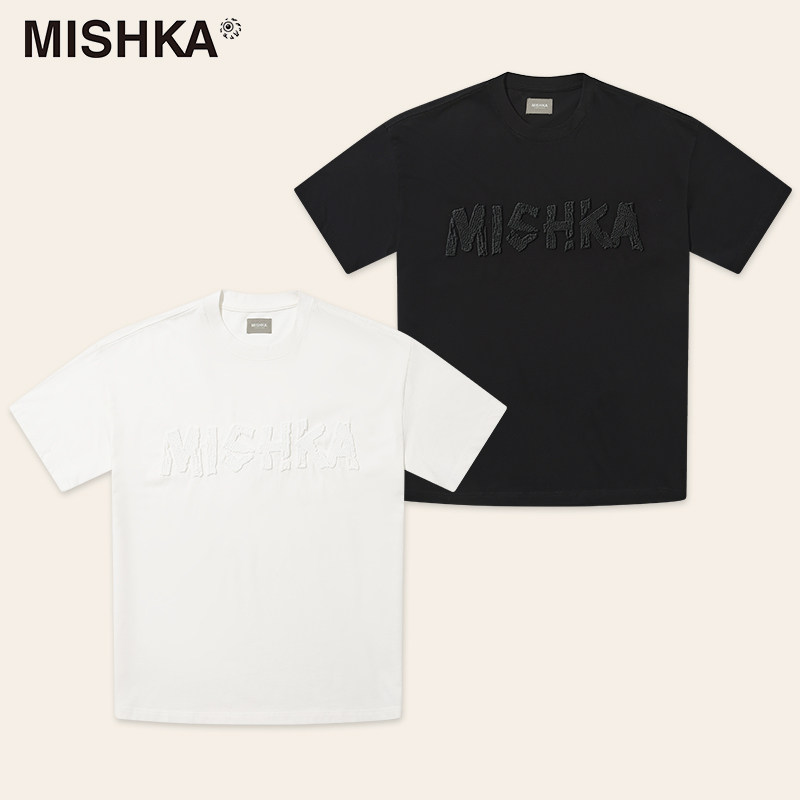 MISHKA大眼球张铭恩同款美式复古立体仿手绣字母T恤男女圆领短袖 - 实物图