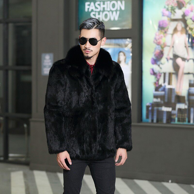 男士皮草外套兔毛男款皮草外套狐狸毛毛领保暖冬修身连帽真皮毛特